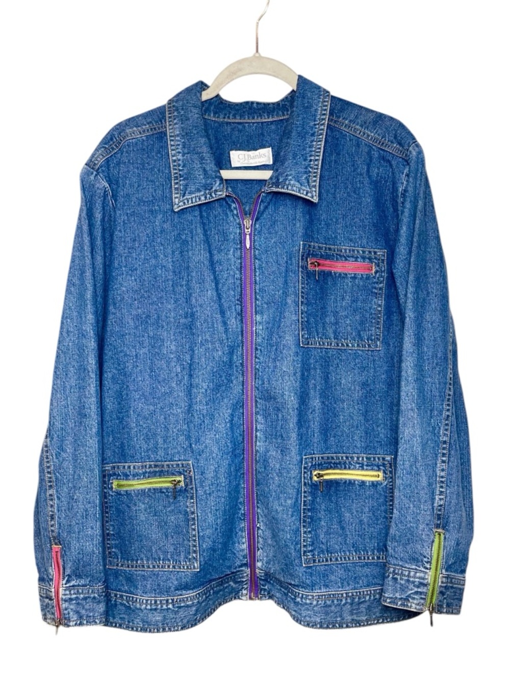 Vintage CJ Banks Women’s Denim Jacket Colorful Zipper Accent Blue Jean Coat
